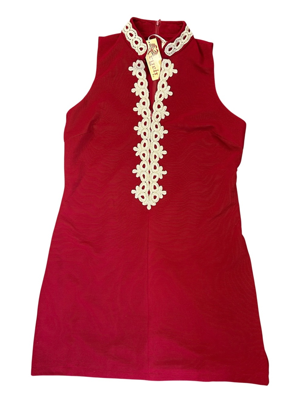 Aryeh Lorena High Neck Shift Dress Large Gold Accent Embroidery NWT Dark Red